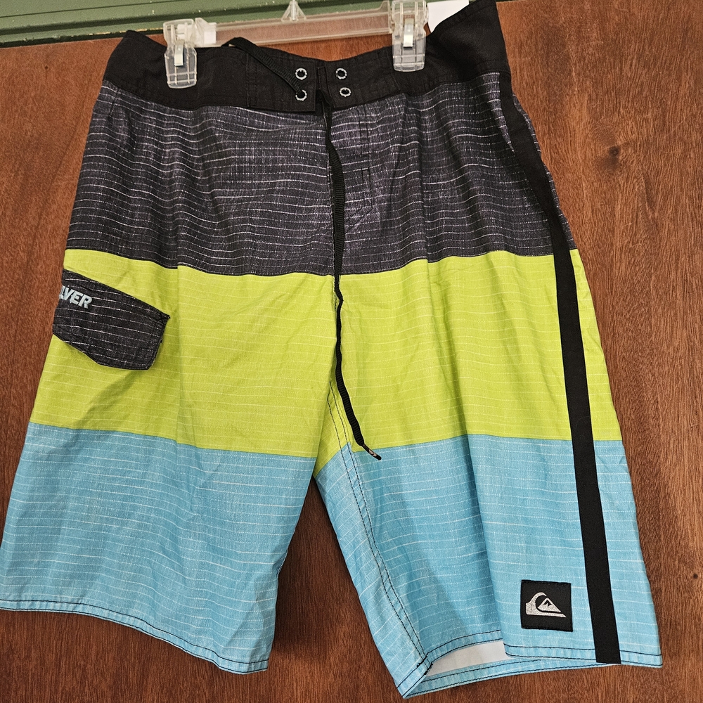 Quiksilver Black, Lime, and Aqua Striped Board Shorts